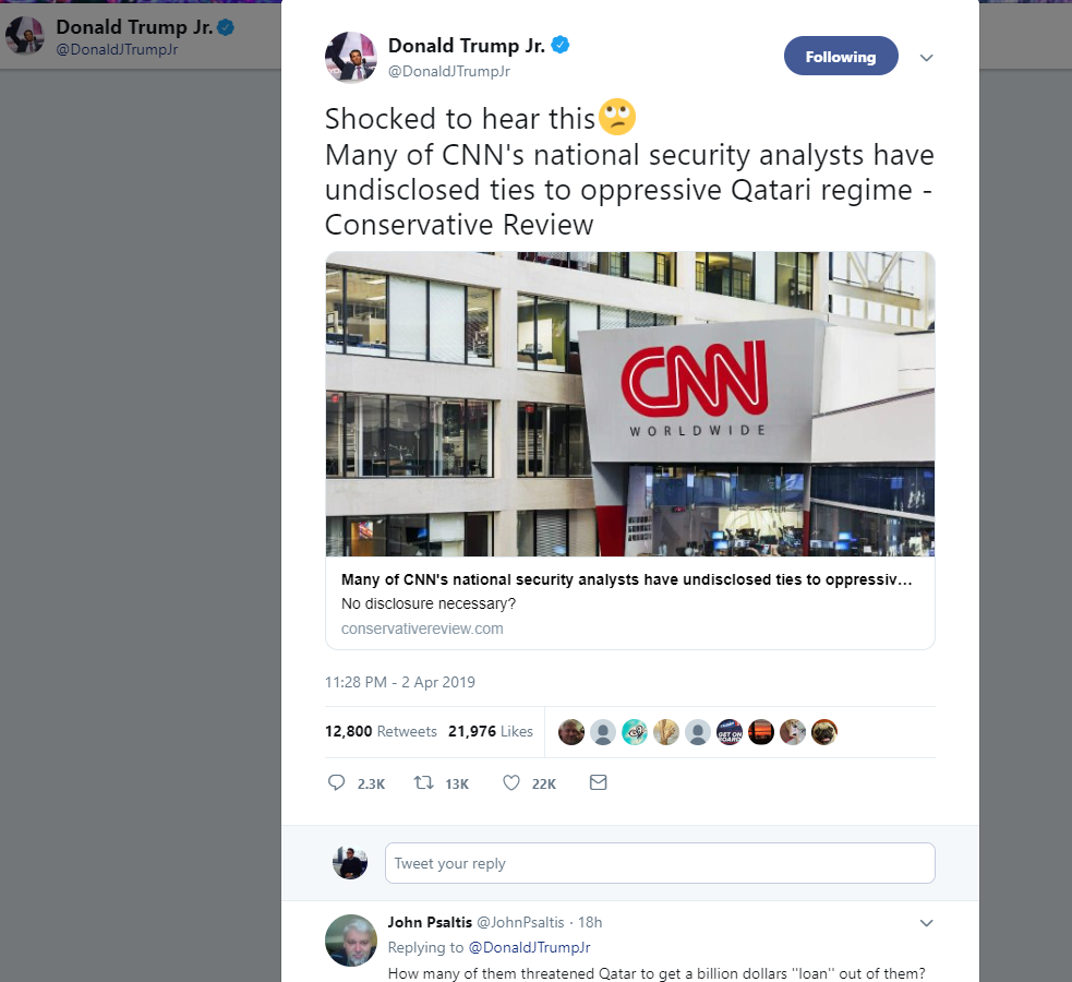 نجل الرئيس الأميركي دونالد ترمب يعيد نشر التقرير على حسابه الرسمي على موقع "تويتر".