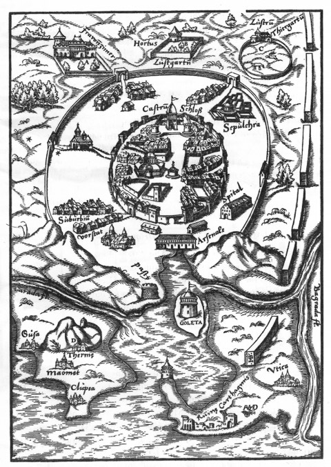 تونس محاطة بسور مزدوج. خريطة مأخوذة من طبعة ألمانية لأطلس نُشر في عام 1598 (خريطة أغوستينو فينيزيانو)