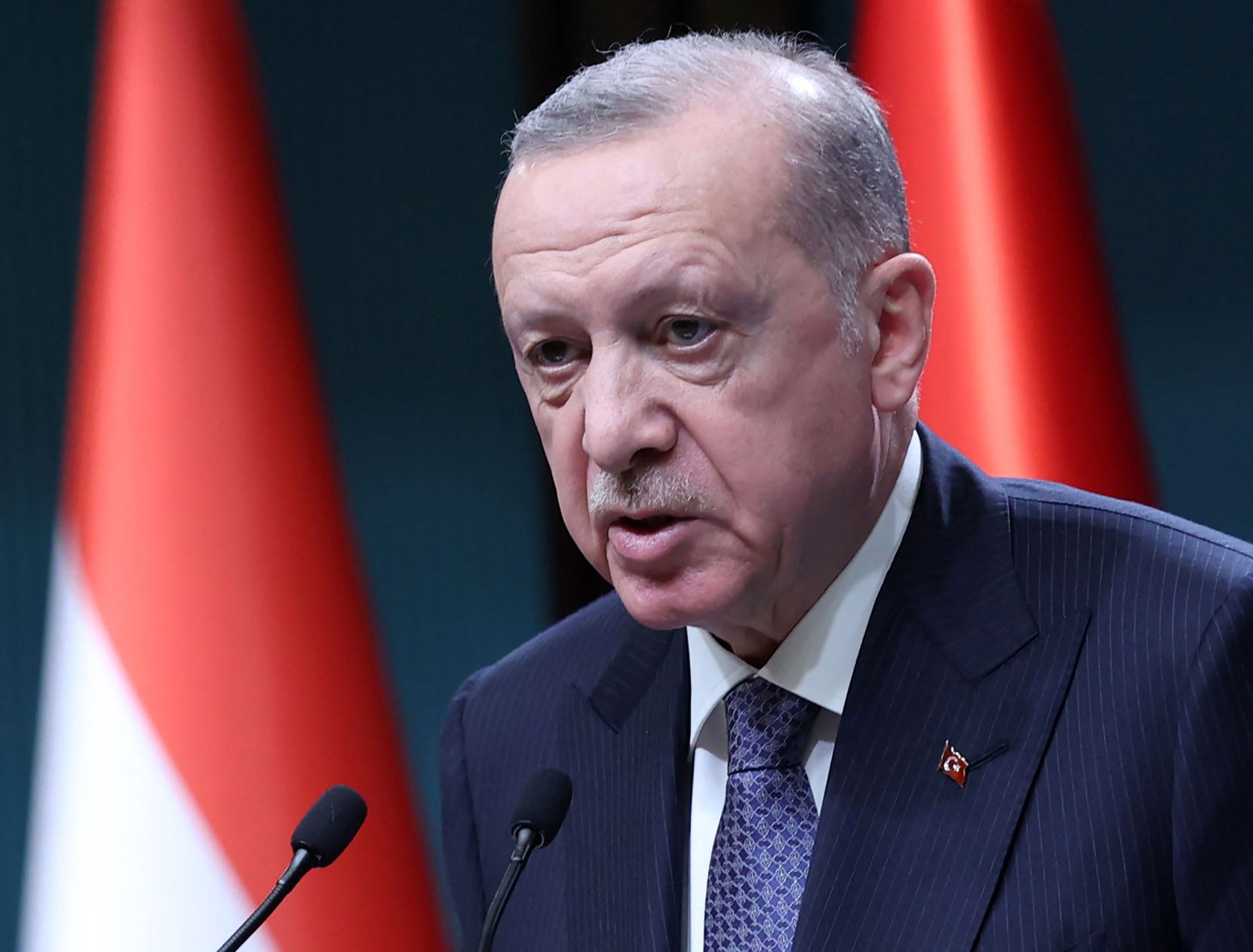 الرئيس رجب طيب أردوغان متحدثاً في مؤتمر صحافي ضمه مع ضيفه رئيس الوزراء اللبناني في أنقرة، 01 فبراير 2022 