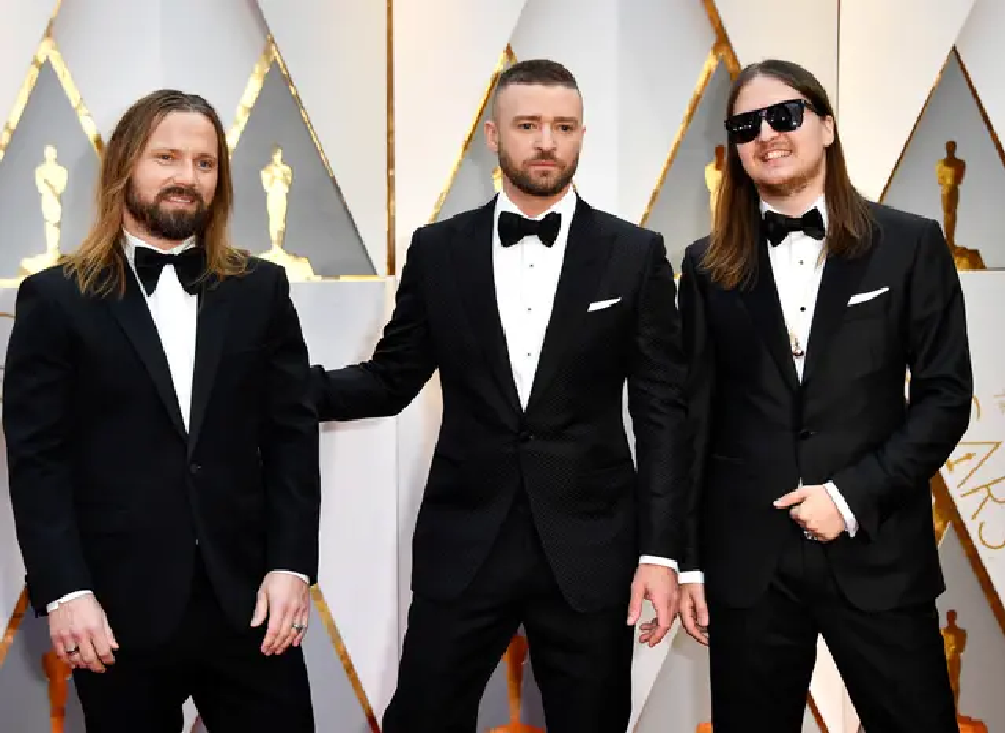 Max Martin (left) with Justin Timberlake and producer Shellback at the Grammy Awards.png