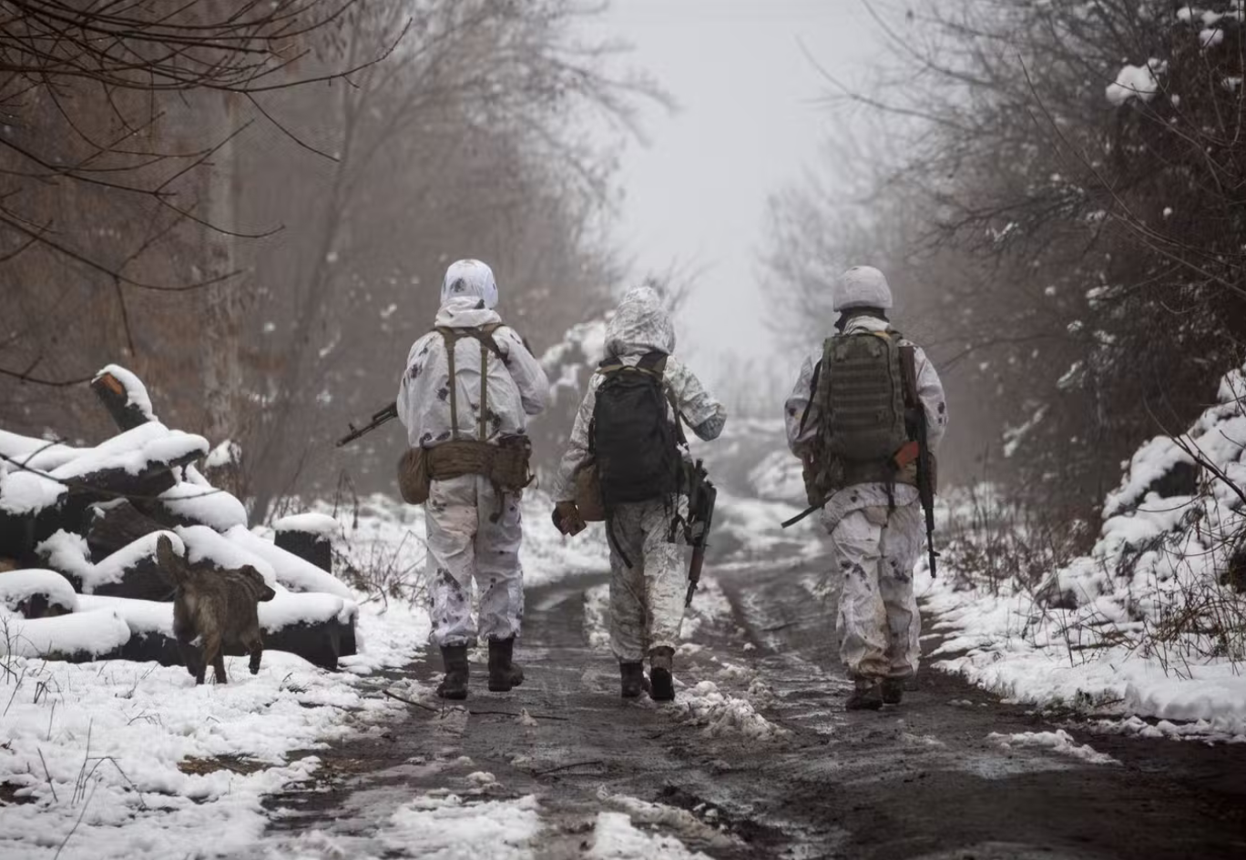 جنود أوكرانيون يسيرون على الخط الفاصل من المتمردين الذين تدعمهم روسيا قرب بلدة "كاترينيفكا" في إقليم "دونيتسك"