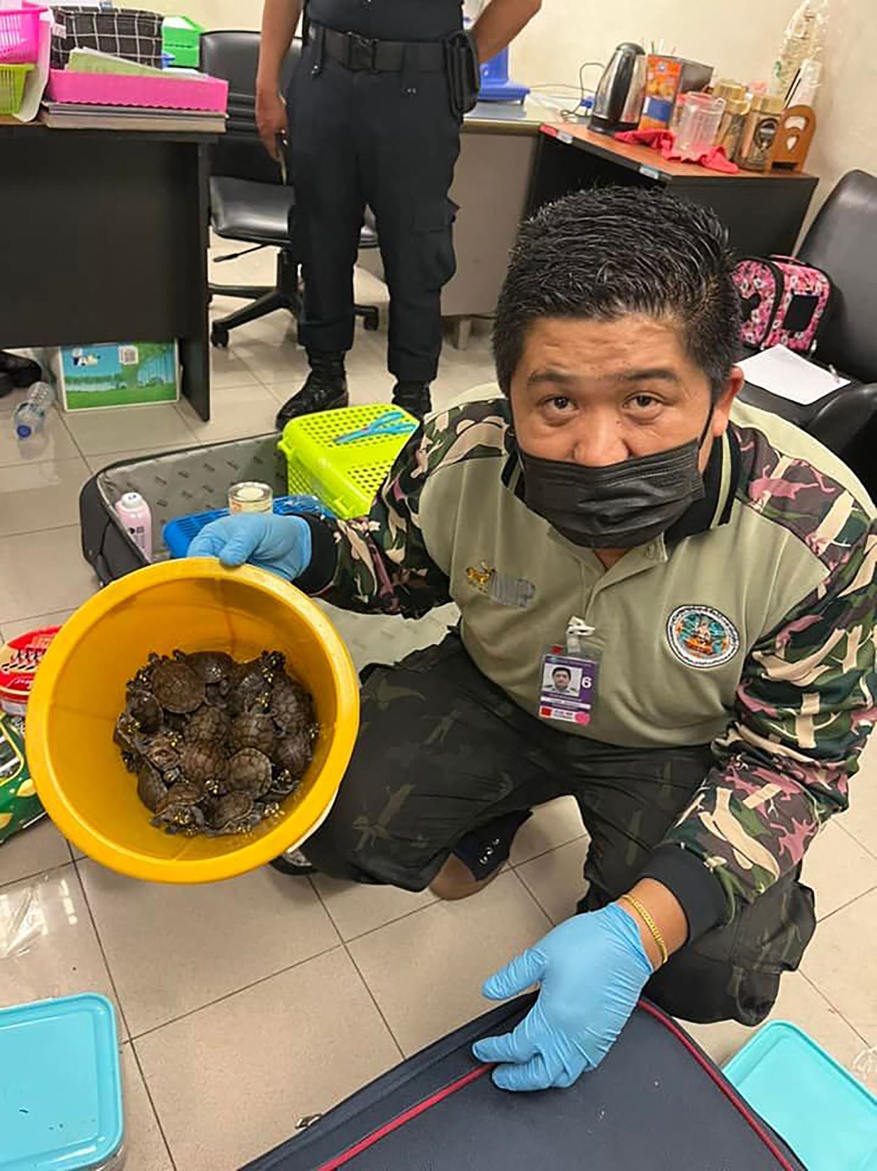 نشرت هيئة المنتزهات الطبيعية في تايلاند هذه الصورة التي تظهر أحد المسؤولين يحمل مجموعة من صغار السلاحف المصادرة من حقيبة مسافر في مطار بانكوك بتاريخ 27 يونيو 2022 