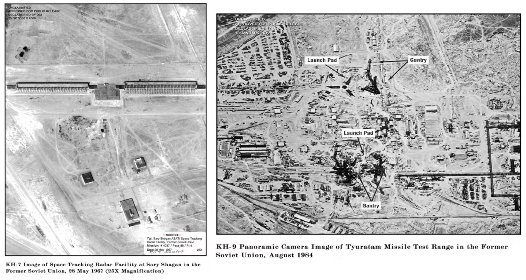 صورة من القمرين غامبيت وهيكساغون لمنشآت رادار سوفياتية (إلى اليسار 1967) ومنطقة اختبار صواريخ (إلى اليمين 1984) رفع السرية عنها