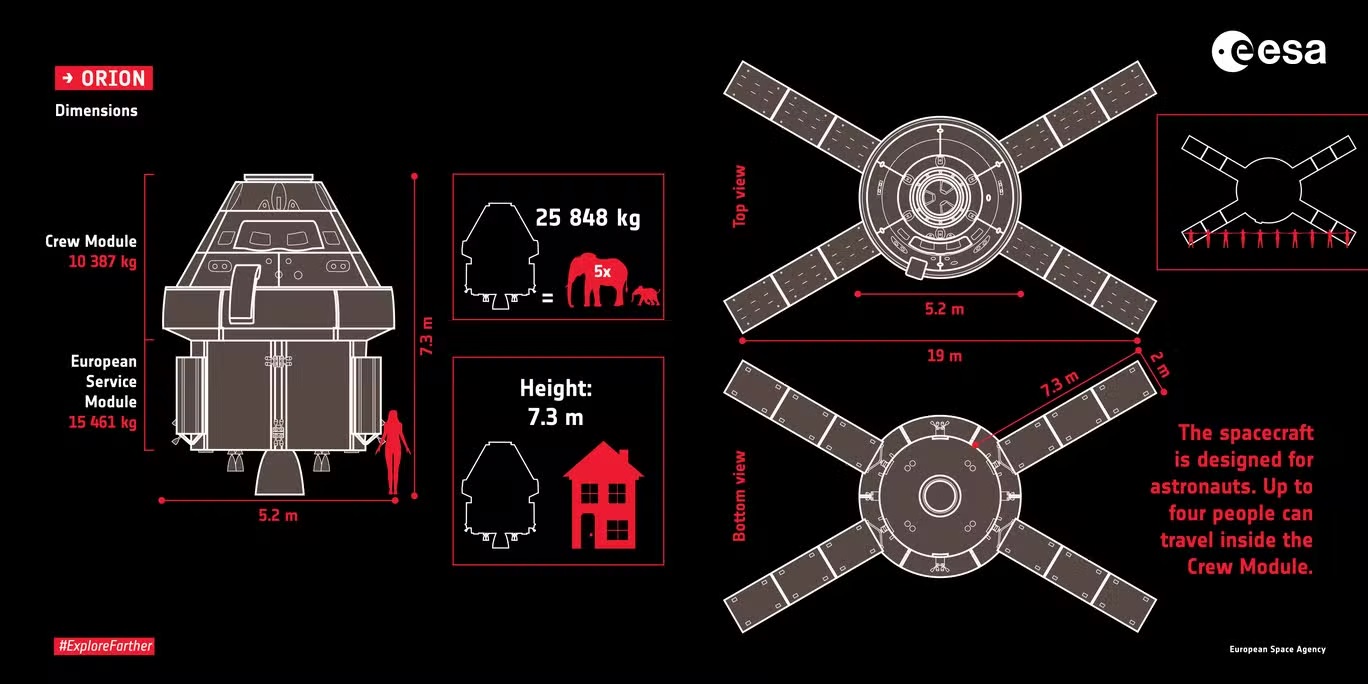 رسم تخطيطي للمركبة الفضائية "أوريون" مع "وحدة الخدمة الأوروبية" (وكالة الفضاء الأوروبية)