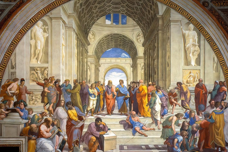 اللقاء الفلسفي في مدرسة أثينا بريشة رافاييل (متحف رافاييل).jpg