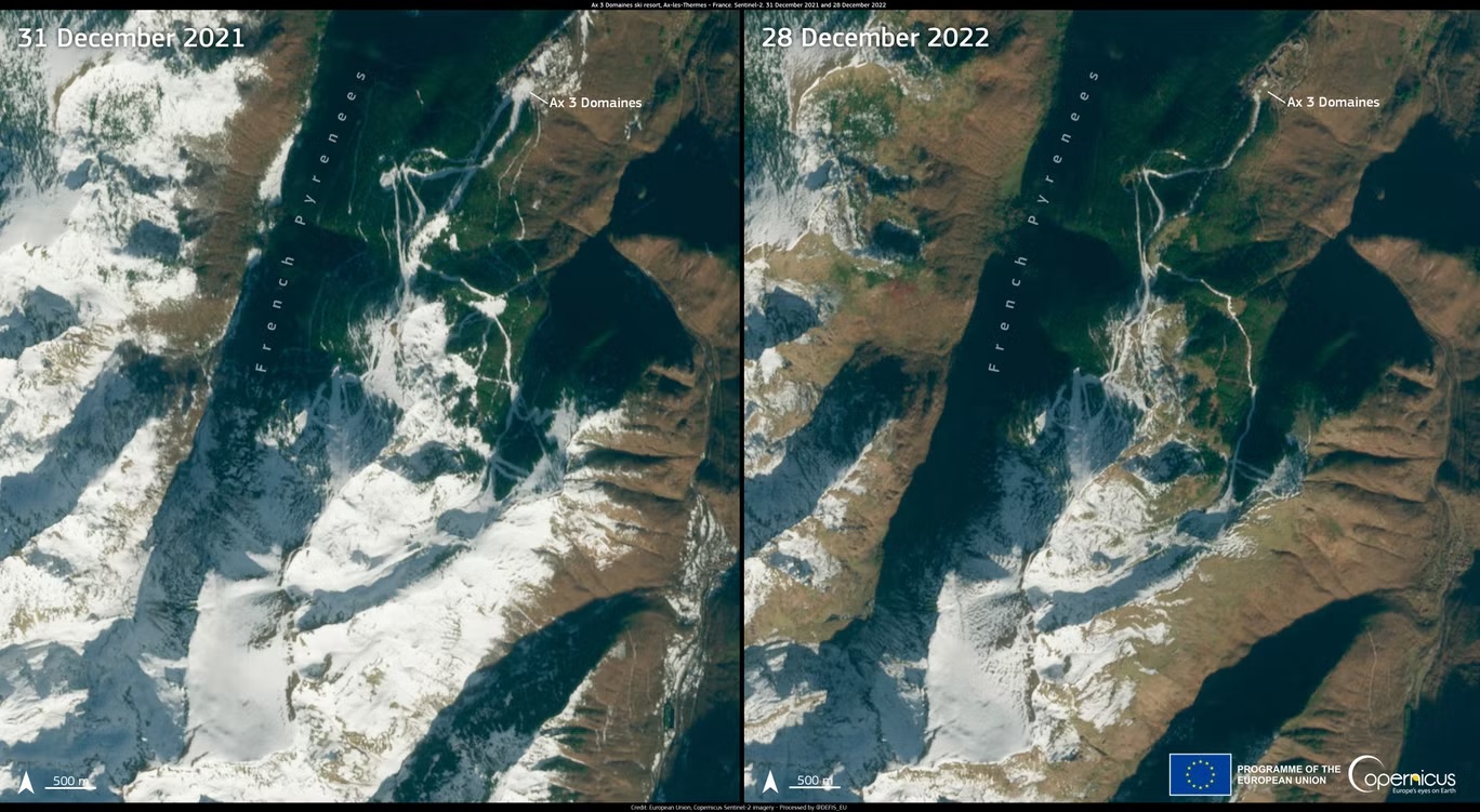 بدأ يناير 2023 بموجة حارة كبيرة في أوروبا. الصورة تظهر الاختلاف في الغطاء الثلجي بين ديسمبر 2021 وديسمبر 2022، في أكس لي تيرم في جبال البيرينيه بجنوب فرنسا (الاتحاد الأوروبي، تصوير قمر سنتينيل 2 ضمن برنامج كوبرنيكوس)