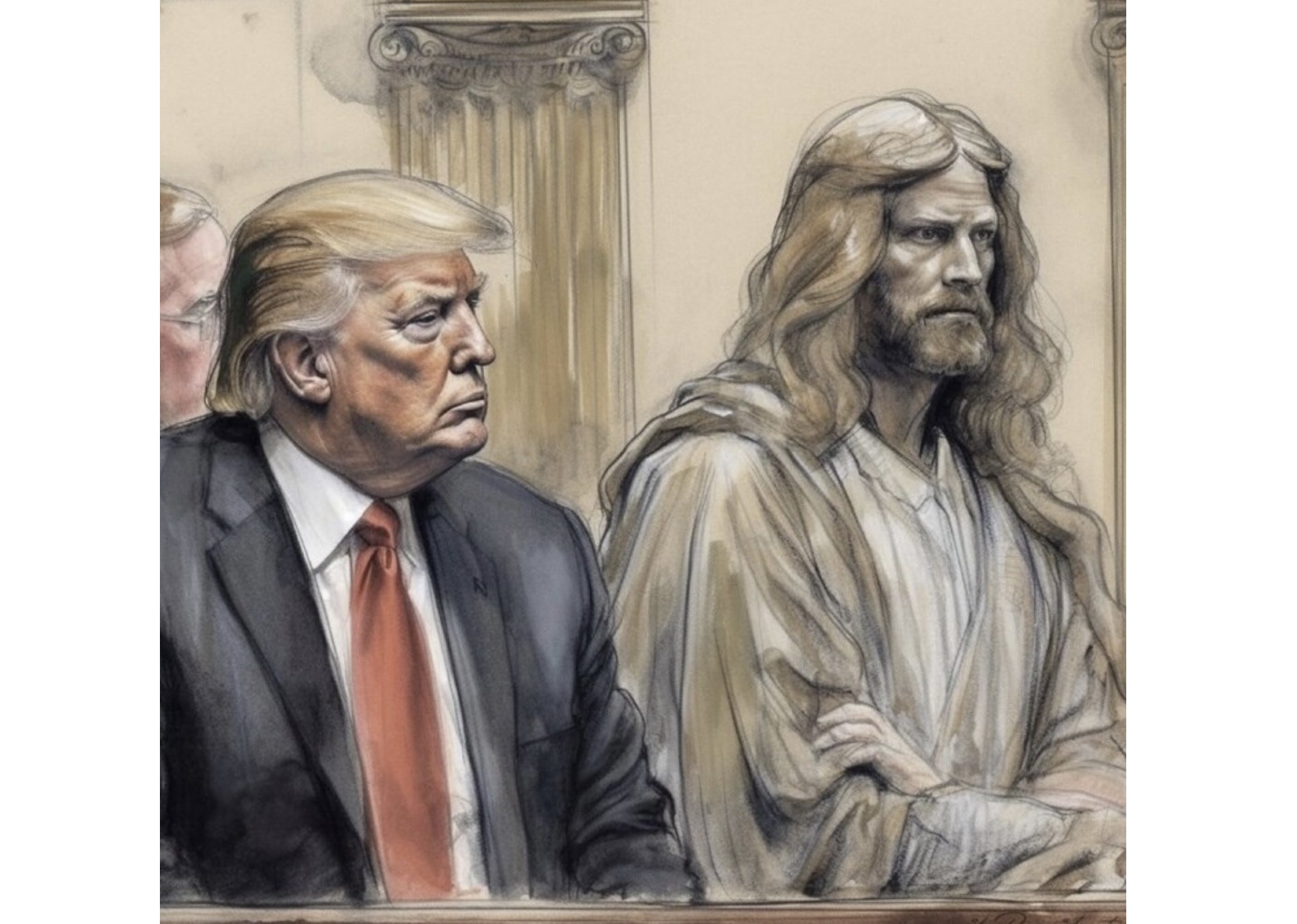 الرسم المزيف من المحكمة حيث يظهر المسيح بجانب ترمب (حساب مايك سينغتون على موقع إكس)