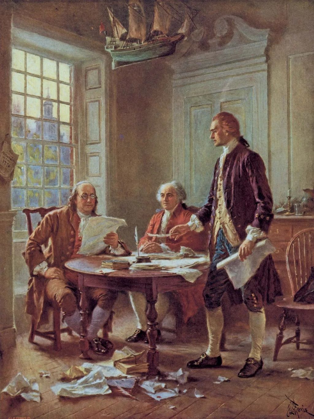 (From left to right) Benjamin Franklin, John Adams, and Thomas Jefferson discussing a draft of the Declaration of Independence, 1776.jpg