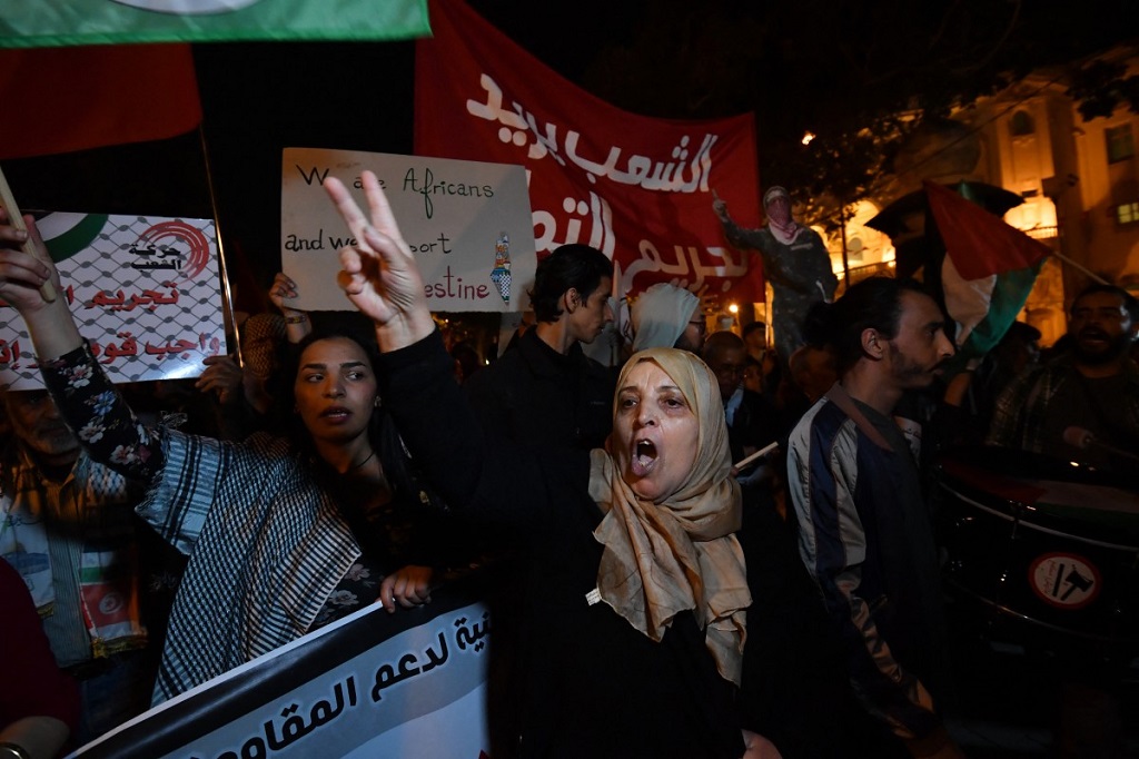 متظاهرون يرددون هتافات ويلوحون بالأعلام وهم يسيرون للتضامن مع الشعب الفلسطيني في تونس، 30 مارس 2024 (أ ف ب).jpg