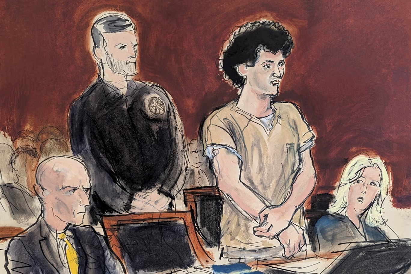 رسم تقريبي من قاعة المحكمة يظهر بانكمان-فرايد أثناء إدلائه بتصريح في سياق صدور حكم عليه في المحكمة الفيدرالية بمنهاتن (أ ب)