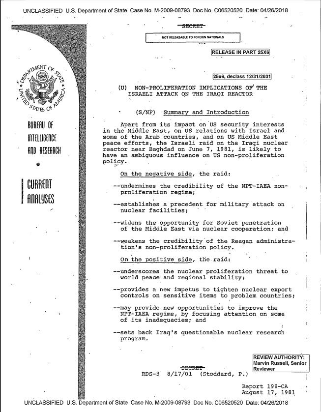 وثيقة حول استخبارات الخارجية الأميركية بشأن آثار منع الانتشار النووي للهجوم الاسرائيلي على المفاعل العراقي (اندبندنت عربية).jpg
