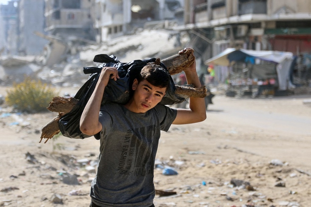 شاب فلسطيني يحمل الخشب في مدينة غزة، 14 نوفمبر 2024 (أ ف ب).jpg