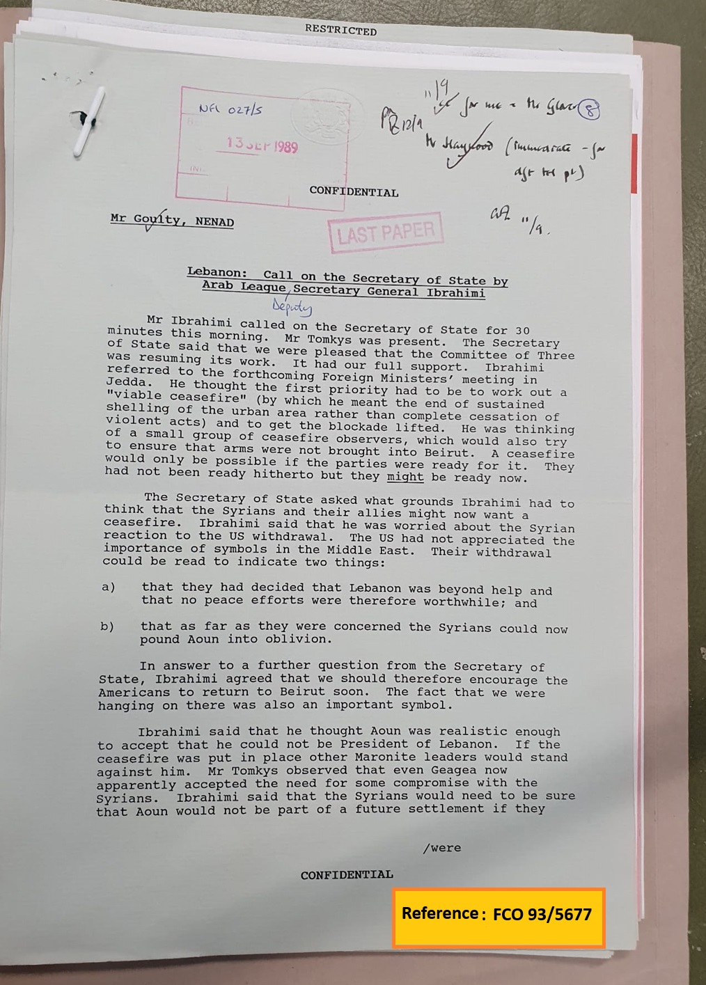 لندن رحبت بالقرار العربي الذي أعلن استئناف جهود اللجنة الثلاثية لإيقاف الحرب في لبنان (الأرشيف البريطاني)