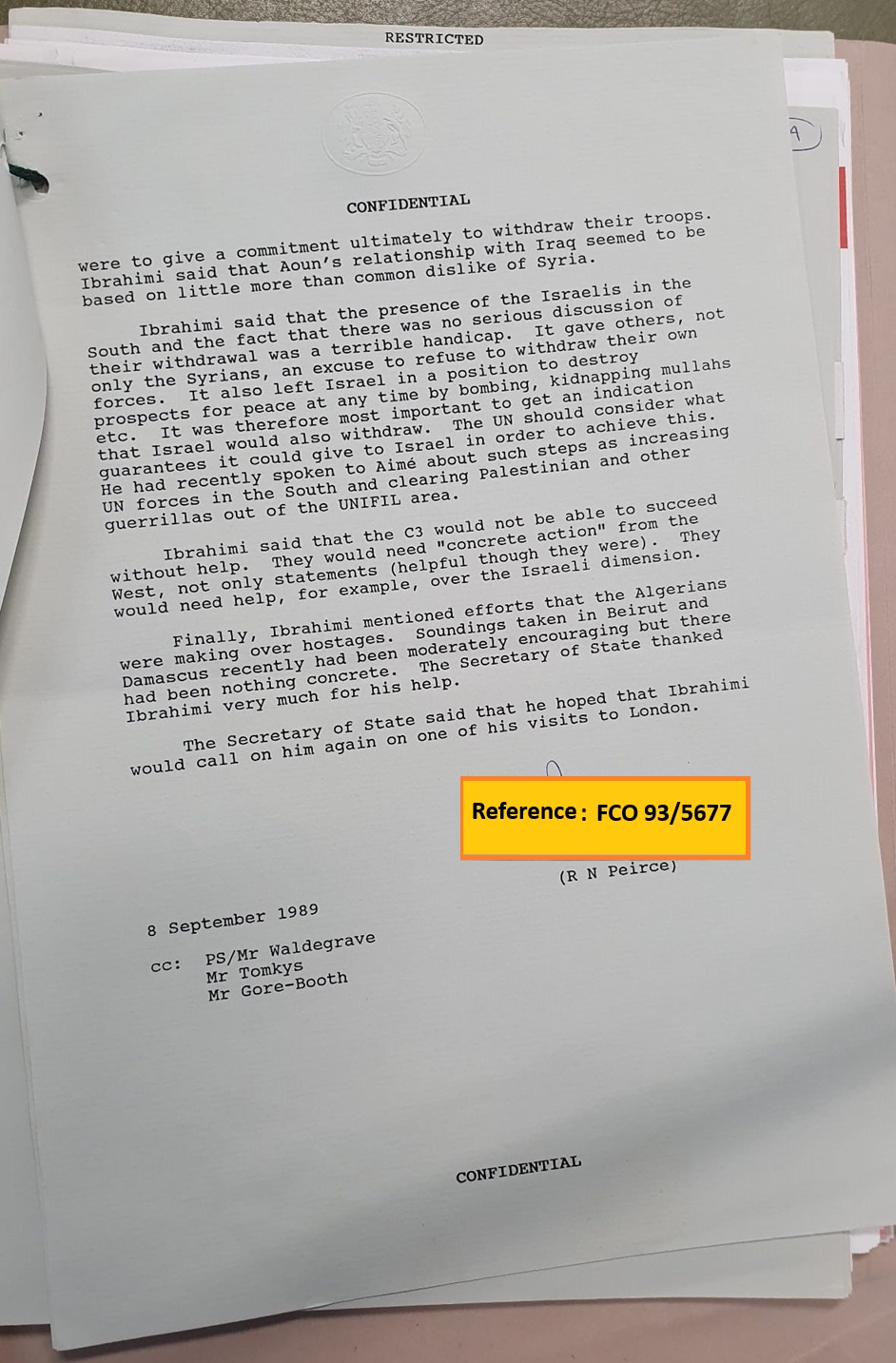 ناقش الإبراهيمي مع وزير خارجية بريطانيا ضرورة انسحاب القوات السورية والإسرائيلية من لبنان (الأرشيف الوطني البريطاني)