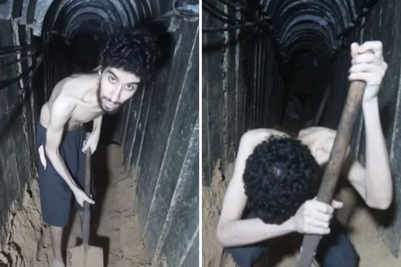 صورة من فيديو نشرته "حماس" للرهينة الإسرائيلي أفيتار ديفيد وهو يحفر ما يقول إنه قبره (تيليغرام)