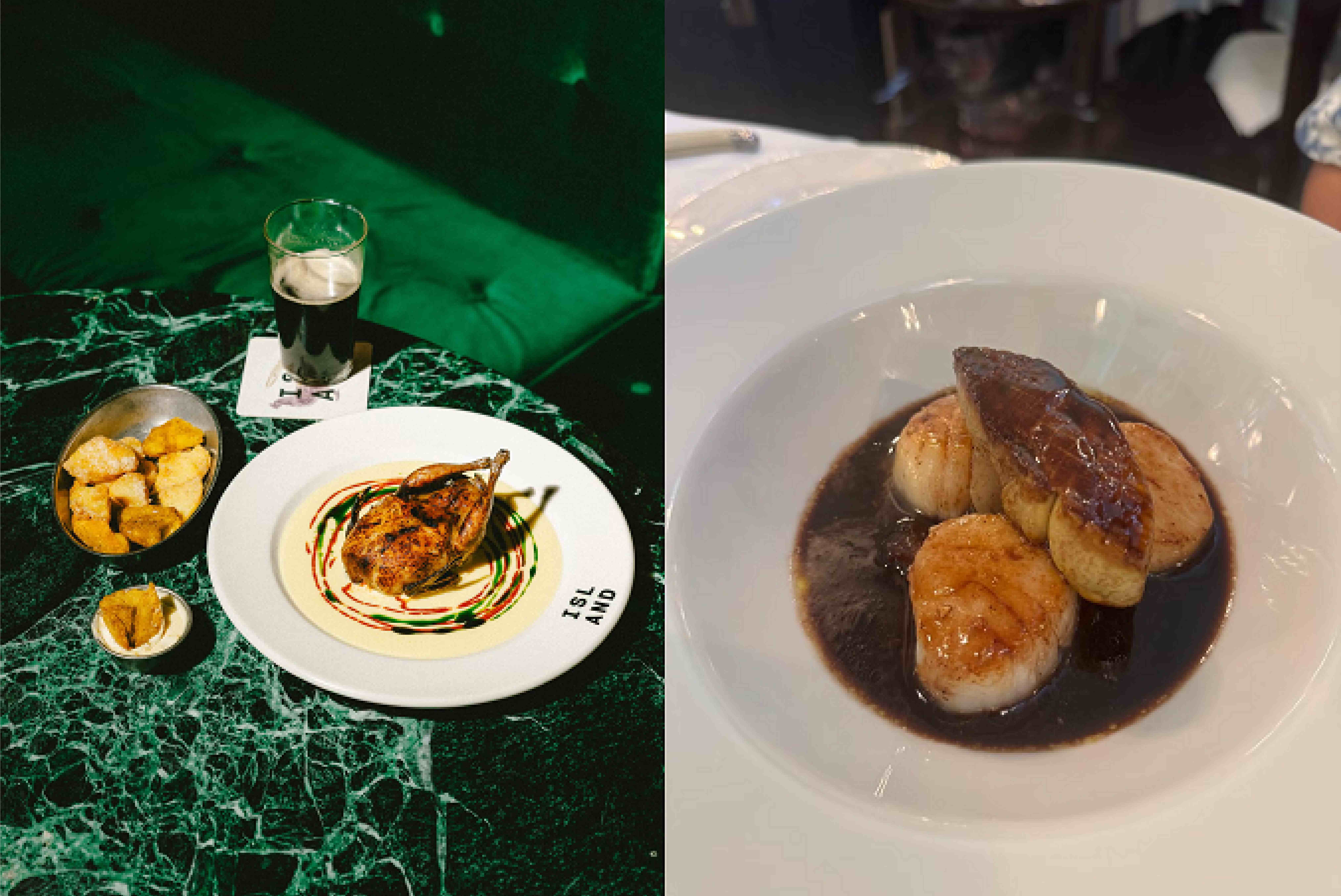 يمين الصورة: نسخة مطعم "أوتوز" من الاعتدال: حصص قليلة الحجم، لكن البذخ لا يزال حاضراً، وعلى يسار الصورة: وجبة مطعم "آيلاند" تثبت أن تصغير الحصص لا يعني فقدان المتعة (أوتو / ألبرتو زامانييغو) 