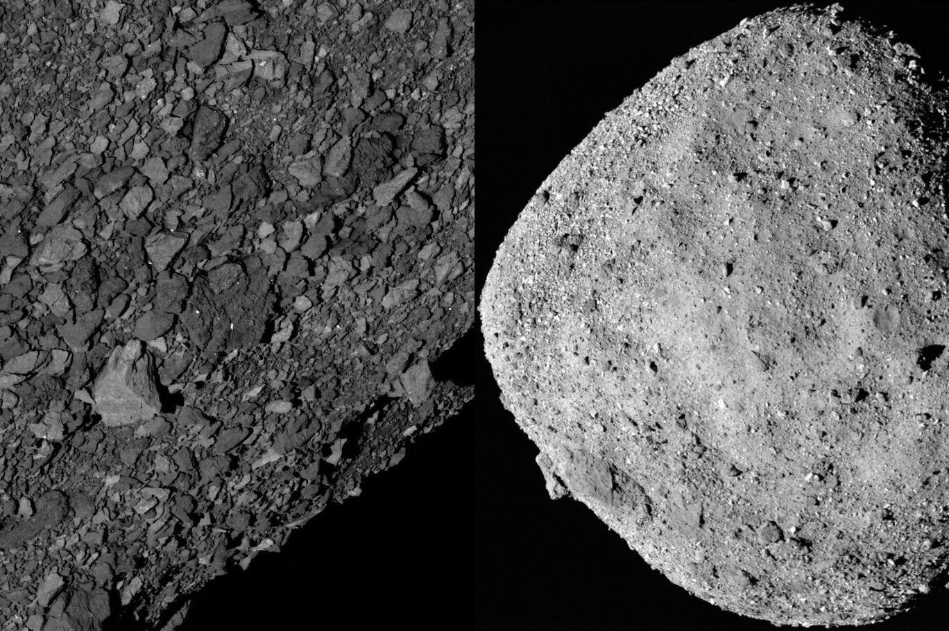 صورة فسيفسائية للكويكب "بينو"، التقطتها مركبة "أوسيريس- ريكس" في ديسمبر 2018، يظهر فيها أن عرض الكويكب يبلغ نحو 488 متراً وأخرى التقطت في مارس 2019، ويبدو فيها جنوب الكويكب وامتداد الفضاء المحيط به (ناسا/ مركز "غودارد"/ "جامعة أريزونا")