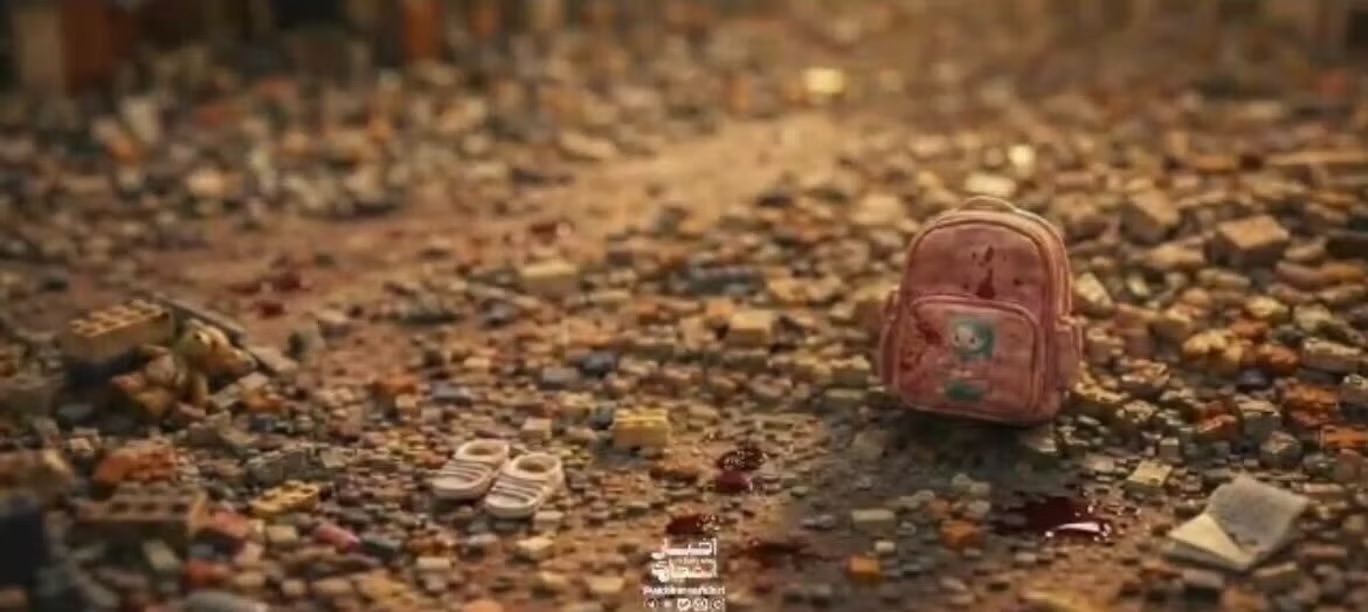 في لقطة تثير الحزن تظهر حقيبة وردية وزوج من الأحذية وسط أنقاض مدرسة للبنات بعد غارة جوية (وكالة تسنيم الإخبارية)