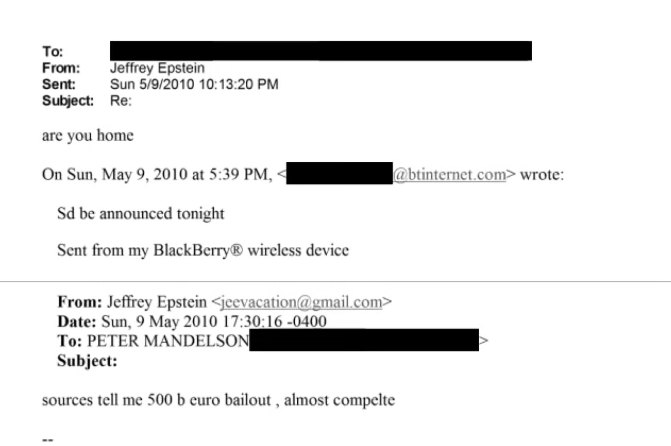 صورة من رسالة ماندلسون لإبستين حول خطة الإنقاذ المالية لمنطقة اليورو (وزارة العدل الأميركية)